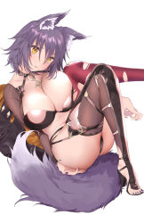 Rule 34 | 1girl, animal ear fluff, animal ears, ass, asymmetrical legwear, black bra, black jacket, black thighhighs, blush, bra, breasts, cleavage, cross, high heels, highres, jacket, unworn jacket, knees up, large breasts, legs, makoto (princess connect!), mismatched legwear, parted lips, princess connect!, purple hair, red thighhighs, short hair, solo, tail, thighhighs, toes, torn clothes, torn thighhighs, underwear, wolf ears, wolf girl, wolf tail, yaman, yellow eyes