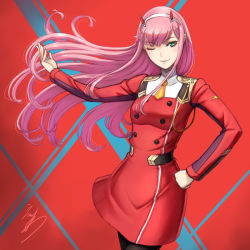 Rule 34 | 10s, 1girl, aqua eyes, buttons, darling in the franxx, double-breasted, eiwa, eyeshadow, hairband, hand on own hip, horns, makeup, military, military uniform, one eye closed, orange neckwear, outstretched arm, pantyhose, pink hair, solo, straight hair, uniform, white hairband, zero two (darling in the franxx)