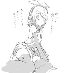 Rule 34 | bare shoulders, belt, bow, closed eyes, commentary, d futagosaikyou, detached sleeves, greyscale, hair bow, hair ornament, hairclip, headphones, highres, kagamine rin, kagamine rin (append), light frown, monochrome, sad, shirt, short hair, short shorts, shorts, sitting, sketch, sleeveless, sleeveless shirt, solo, swept bangs, thighhighs, translated, vocaloid, vocaloid append, white background