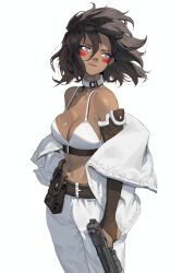 Rule 34 | 1girl, absurdres, arms at sides, bare shoulders, belt, belt pouch, bikini, bikini top only, black hair, breasts, bridal gauntlets, cleavage, closed mouth, collar, commentary, cowboy shot, dark-skinned female, dark skin, facepaint, finger on trigger, floating hair, gun, hair between eyes, handgun, highres, holding, holding gun, holding weapon, jacket, large breasts, light smile, looking back, navel, off shoulder, ori dal, original, pants, pouch, purple eyes, short hair, sideways glance, simple background, solo, swimsuit, tan, tanline, weapon, white background, white jacket, white pants, white theme