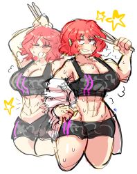 Rule 34 | 1girl, abs, breasts, drumsticks, emerald kitty, hand on own hip, highres, horikawa raiko, looking at viewer, muscular, muscular female, red eyes, red hair, sigh, solo, sports bra, sweat, thighs, touhou