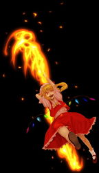 Rule 34 | 1girl, ameri, arms up, ascot, blonde hair, energy weapon, female focus, fire, fire, flandre scarlet, full body, jumping, looking at viewer, mary janes, polearm, red eyes, red skirt, shoes, side ponytail, skirt, socks, solo, spear, touhou, vest, weapon, white socks, wings