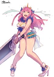Rule 34 | 1girl, braid, breasts, cleavage, crying, closed eyes, gbmah, high heels, holding, holding sword, holding weapon, long hair, nishizono honoka, open mouth, pink hair, simple background, solo, sword, tears, teeth, tokyo 7th sisters, weapon, white background