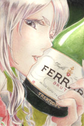 Rule 34 | 10s, 1girl, alcohol, bottle, bottle to cheek, bow, bowtie, brooch, close-up, commentary request, company name, curly hair, eyelashes, eyes visible through hair, ferrari spumante, fingernails, frilled shirt, frilled sleeves, frills, gradient background, green background, grey eyes, grey hair, highres, holding, holding bottle, italian flag, italian text, jewelry, kantai collection, lips, logo, long hair, long sleeves, looking at viewer, millipen (medium), parted lips, pola (kancolle), postcard, shirt, short eyebrows, sleeves past wrists, solo, teeth, tesun (g noh), thick eyebrows, traditional media, upper body, watercolor pencil (medium), wine, wine bottle
