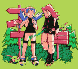 Rule 34 | 1boy, 1girl, bike shorts, bird, black footwear, black jacket, black shirt, blue hair, boots, bush, commentary request, creatures (company), cropped jacket, eyelashes, game freak, gen 2 pokemon, grass, hands in pockets, hsngamess, index finger raised, jacket, knees, kris (pokemon), long hair, looking down, natu, nintendo, pants, pants tucked in, pokemon, pokemon (creature), pokemon gsc, shirt, shoes, sign, silver (pokemon), standing, tree, twintails