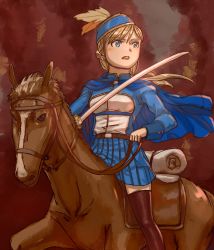 Rule 34 | 1girl, blue eyes, cape, cavalry, hat, highres, holding, holding weapon, horse, horseback riding, jacket, kageng, long sleeves, military, military hat, military uniform, miniskirt, original, reins, riding, skirt, solo, sword, thighhighs, uniform, weapon