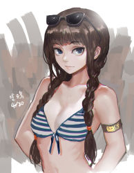 Rule 34 | 1girl, bare shoulders, bikini, blue eyes, braid, breasts, brown hair, canking, cleavage, dated, eyewear on head, light smile, long hair, original, small breasts, solo, striped bikini, striped clothes, sunglasses, swimsuit, twin braids