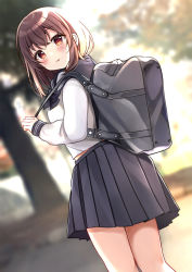 Rule 34 | 1girl, bad id, bad pixiv id, bag, black bow, black bowtie, black sailor collar, black skirt, blurry, blurry background, blush, bow, bowtie, brown hair, closed mouth, commentary request, depth of field, dutch angle, highres, holding strap, long sleeves, looking at viewer, looking to the side, midriff peek, minami saki, original, pleated skirt, red eyes, sailor collar, school bag, school uniform, serafuku, shirt, signature, skirt, sleeves past wrists, solo, white shirt