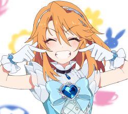 Rule 34 | 1girl, ^ ^, blush, brooch, closed eyes, commentary, fingers to cheeks, gem, gloves, grin, heart, heart brooch, idolmaster, idolmaster cinderella girls, jewelry, mochino, orange hair, smile, solo, symbol-only commentary, upper body, white gloves, yuuki haru