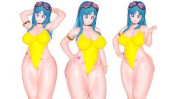 Rule 34 | 1girl, 3d, alternate breast size, arms behind head, artist request, ass, blue eyes, blue hair, breasts, character sheet, cleavage, cowboy shot, curvy, dragon ball, dragonball z, hand on own hip, highleg, highleg swimsuit, highres, large breasts, lips, long hair, looking at viewer, maron (dragon ball), matching hair/eyes, multiple views, nipples, one-piece swimsuit, simple background, smile, swimsuit, tattoo, upper body, white background, yellow one-piece swimsuit