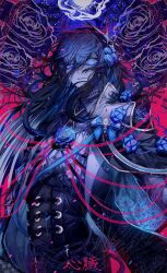 Rule 34 | 1girl, ado (utaite), black coat, black corset, blue bow, blue eyes, blue flower, blue rose, bow, chando (ado), closed mouth, cloud nine inc, coat, commentary request, corset, floating hair, flower, flower brooch, hair between eyes, hair flower, hair ornament, highres, light particles, long hair, long hair between eyes, looking at viewer, mole, mole under eye, open clothes, open coat, red background, red pupils, rose, shinzou (ado), sidelocks, solo, star-shaped pupils, star (symbol), symbol-shaped pupils, utaite, white brooch, yoshimura feat.yoshimura
