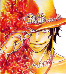 Rule 34 | 1boy, fire, freckles, hand on headwear, hat, lowres, male focus, one piece, portgas d. ace, topless male, solo, stampede string
