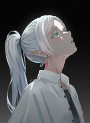 Rule 34 | 1girl, absurdres, black shirt, blue eyes, collared shirt, dangle earrings, earrings, elf, frieren, highres, izei1337, jewelry, long hair, looking up, open mouth, pointy ears, ponytail, shirt, solo, sousou no frieren, unbuttoned, white hair, white shirt