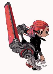 Rule 34 | 1boy, artist name, black eyes, black jacket, black leggings, clenched hand, closed mouth, dynamo roller (splatoon), earphones, from side, full body, heel up, highres, holding, holding weapon, inkling, inkling boy, inkling player character, jacket, leggings, long sleeves, looking at viewer, male focus, nintendo, over shoulder, ponytail, red hair, shoes, shogo (shogo70449442), short hair, signature, solo, splatoon (series), standing, tentacle hair, tentacles, weapon, weapon over shoulder, white footwear
