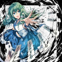 Rule 34 | 1girl, album cover, blue eyes, blue skirt, breasts, commentary request, cover, d:, detached sleeves, floating hair, foreshortening, frilled skirt, frills, frog hair ornament, green hair, hair ornament, hair tubes, hand up, hirai yuzuki, holding, kochiya sanae, long hair, looking at viewer, motion blur, navel, nontraditional miko, ofuda, open mouth, outside border, outstretched arm, serious, shirt, skirt, snake hair ornament, solo, touhou, v-shaped eyebrows, white shirt