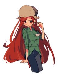 Rule 34 | 1girl, blush, breasts, character name, cowboy shot, cropped legs, disney, earrings, eyes visible through hair, facing viewer, flannel, freckles, fur hat, gravity falls, green shirt, hair over one eye, hat, jewelry, long hair, name tag, om (bmsm), red hair, shirt, simple background, small breasts, smile, solo, standing, ushanka, very long hair, wendy corduroy, white background