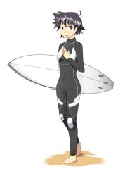 Rule 34 | bodysuit, diving suit, holding, holding behind back, kaka (kirby126), saitou nagisa, shinryaku! ikamusume, short hair, solo, surfboard, wetsuit