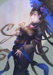 Rule 34 | 1girl, absurdres, black hair, breasts, closed mouth, collar, cone hair bun, corset, curly hair, dress, fate/grand order, fate (series), frilled collar, frilled dress, frills, gem, gloves, hair bun, hair ornament, high collar, highres, large breasts, long hair, long sleeves, murasaki shikibu (fate), nose, otsukemono, parasol, purple eyes, sidelocks, solo, tight clothes, tight dress, umbrella, very long hair