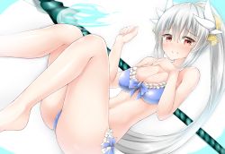 Rule 34 | 1girl, absurdres, bikini, blue bikini, blush, breasts, cleavage, fate/grand order, fate (series), hair ornament, highres, horns, kiyohime (fate), kiyohime (fate/grand order), kiyohime (swimsuit lancer) (fate), kiyohime (swimsuit lancer) (third ascension) (fate), large breasts, long hair, looking at viewer, moyoron, polearm, ponytail, red eyes, silver hair, smile, solo, swimsuit, weapon