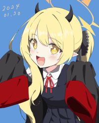 Rule 34 | 1girl, black coat, black horns, blonde hair, blue archive, blush, coat, demon horns, dress, halo, highres, horns, ibuki (blue archive), long hair, looking at viewer, open clothes, open coat, open mouth, papiyon1297, pinafore dress, pointy ears, red ribbon, ribbon, shirt, sleeveless, sleeveless dress, sleeves past fingers, sleeves past wrists, smile, solo, upper body, white shirt, yellow eyes