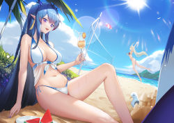 Rule 34 | 2girls, :d, absurdres, arknights, arm up, bare arms, bare legs, beach, beach volleyball, bikini, bird, blue hair, blue nails, blue sky, braid, breasts, cleavage, cloud, crazy straw, cup, day, dragon horns, drinking glass, drinking straw, ear piercing, food, fruit, halterneck, heart straw, highres, holding, holding cup, horns, jumping, knee up, large breasts, lcy bingzi, ling (arknights), long hair, multicolored hair, multiple girls, nail polish, navel, nine-colored deer, open mouth, outdoors, piercing, plate, pointy ears, purple eyes, red bikini, red hair, sand castle, sand sculpture, side-tie bikini bottom, single braid, sitting, sky, smile, stomach, streaked hair, sun, swimsuit, very long hair, volleyball net, watermelon, watermelon slice, wet, white bikini, white hair