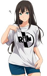 Rule 34 | 10s, 1girl, 71, blush, brown hair, character name, clothes writing, contrapposto, cowboy shot, green eyes, idolmaster, idolmaster cinderella girls, jewelry, long hair, looking at viewer, necklace, product placement, shibuya rin, shirt, shorts, simple background, solo, standing, sweatdrop, t-shirt