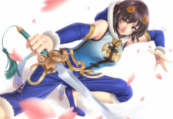 Rule 34 | 1girl, alternate costume, bad id, bad pixiv id, brown eyes, brown hair, chinese clothes, detached sleeves, flower, hair flower, hair ornament, hood, mochi.f, pants, parted lips, petals, shirt, short hair, solo, soul calibur, soulcalibur, soulcalibur v, sword, weapon, yan leixia