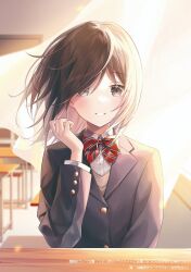 Rule 34 | 1girl, black jacket, blazer, bow, brown hair, chair, collared shirt, commentary request, curtains, desk, diagonal-striped bow, dress shirt, floating hair, grey eyes, grin, hair over one eye, hand up, indoors, jacket, kagachi saku, long sleeves, looking at viewer, original, red bow, school chair, school desk, school uniform, shirt, smile, solo, sweater vest, upper body, white shirt, wind