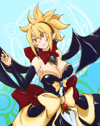 Rule 34 | 1girl, bare shoulders, bat wings, blonde hair, bow, breasts, bright pupils, cleavage, demon girl, detached sleeves, disgaea, dress, earrings, gem, hairband, jewelry, large breasts, long hair, mairu dou, makai senki disgaea 2, pointy ears, ponytail, red eyes, ring, rozalin, solo, strapless, strapless dress, wings, yellow bow