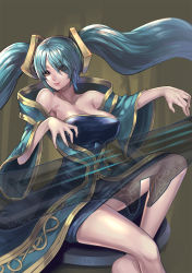 Rule 34 | 1girl, aqua hair, bare shoulders, breasts, brown eyes, character name, cleavage, highres, instrument, large breasts, league of legends, lips, long hair, looking at viewer, ririko (zhuoyandesailaer), sitting, solo, sona (league of legends), twintails
