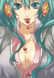 Rule 34 | 1girl, :p, aqua eyes, aqua hair, bad id, bad pixiv id, breasts, candy, cleavage, close-up, food, hatsune miku, headphones, headset, long hair, medium breasts, peony, smile, solo, tongue, tongue out, twintails, vocaloid