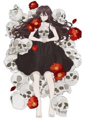 Rule 34 | 1girl, bare arms, bare legs, bare shoulders, bity3155660241, black dress, brown hair, closed eyes, collarbone, commentary request, dress, eyelashes, feet, flower, flower request, full body, hair spread out, holding, holding skull, light frown, long hair, lying, on back, original, parted lips, red flower, simple background, skull, sleeveless, sleeveless dress, solo, spaghetti strap, straight-on, toes, white background