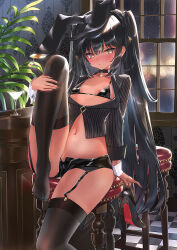 Rule 34 | 1girl, animal ears, ass, bikini, bikini top only, bikini under clothes, black bikini, black choker, black hair, black hairband, black jacket, black nails, black shorts, black thighhighs, blush, choker, closed mouth, cocktail glass, crop top, cropped jacket, cup, dark-skinned female, dark skin, drinking glass, embarrassed, fake animal ears, feet, garter straps, hairband, hand on own leg, indoors, jacket, knee up, komiya nigi, legs, long hair, long sleeves, looking at viewer, micro bikini, micro shorts, midriff, nail polish, navel, no shoes, nose blush, open fly, original, rabbit ears, second-party source, shorts, sitting, sleeves rolled up, solo, stomach, stool, string bikini, striped clothes, striped jacket, sweatdrop, swimsuit, thighhighs, thighs, toes, two side up, underbust, very long hair, window, wrist cuffs, yellow eyes