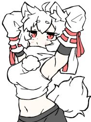 Rule 34 | 1girl, ahoge, animal ears, armpits, arms behind head, black skirt, breasts, closed mouth, fumomono, highres, inubashiri momiji, looking at viewer, medium breasts, midriff, navel, red eyes, shirt, simple background, skirt, solo, stomach, tail, touhou, white background, white hair, white shirt, white sleeves, wolf ears, wolf girl, wolf tail