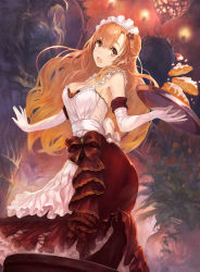 Rule 34 | 1girl, absurdres, braid, breasts, carrying, cleavage, dress, elbow gloves, food, french braid, gloves, gust, highres, layered dress, long hair, looking at viewer, lyuritis (yoru no nai kuni), matching hair/eyes, official art, open mouth, orange eyes, orange hair, solo, tray, yoru no nai kuni, yoshiku (oden-usagi)