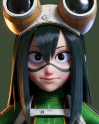 Rule 34 | 1girl, 3d, asui tsuyu, black eyes, bodysuit, boku no hero academia, closed mouth, facepaint, goggles, goggles on head, green background, green bodysuit, green hair, hair between eyes, hannu koskinen, highres, long hair, looking at viewer, portrait, simple background, solo