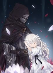Rule 34 | 1boy, 1girl, armor, black cloak, black ribbon, blush, cloak, closed eyes, commentary, commentary request, dress, ender lilies quietus of the knights, english commentary, flower, full armor, hair ornament, highres, hood, hood up, hooded cloak, ixia (ixia424), lily (ender lilies), long hair, mixed-language commentary, petals, red flower, red petals, ribbon, umbral knight (ender lilies), white dress, white flower, white hair, white petals