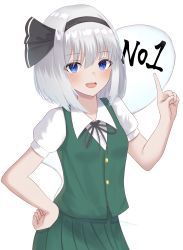 Rule 34 | 1girl, :d, absurdres, anima miko, ass, black hairband, blue eyes, buttons, collared shirt, cowboy shot, ghost, green skirt, green vest, grey hair, hairband, hand on own hip, highres, index finger raised, konpaku youmu, konpaku youmu (ghost), looking at viewer, open mouth, shirt, short hair, short sleeves, simple background, skirt, smile, solo, standing, touhou, vest, white background, white shirt