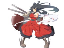 Rule 34 | 1girl, absurdres, ahoge, bad id, bad pixiv id, black hair, boots, bow, breasts, cannon, clenched hand, combat boots, cross-laced footwear, detached sleeves, eyeliner, full body, hakama, hakama pants, heel blade, highres, japanese clothes, kantai collection, lace-up boots, large breasts, leotard, long hair, m.u.g.e.n, makeup, nontraditional miko, original, pants, parody, pigeon-toed, pointing, pointing forward, red hakama, sendai hakurei no miko, sideboob, solo, tenpesuto, touhou, transparent background, very long hair, white background, yellow eyes