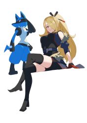 Rule 34 | 1girl, bare shoulders, belt, black footwear, black shorts, blonde hair, blue fur, blue vest, boots, creatures (company), crossed legs, cynthia (pokemon), cynthia (sygna suit) (aura) (pokemon), dog, furry, game freak, gen 4 pokemon, gloves, hair over one eye, high heel boots, high heels, high ponytail, highres, invisible chair, long hair, looking down, lucario, nintendo, official alternate costume, ora (oraora oekaki), pokemon, pokemon masters ex, ponytail, red eyes, red gloves, shorts, sitting, solo, spikes, standing, thigh boots, vest