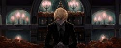 Rule 34 | 1boy, black necktie, black suit, blonde hair, candelabra, candle, candlestand, closed mouth, earrings, emu taro, eyeball, fingernails, fire, fire, flower, formal, glowing, glowing eyes, hair between eyes, highres, hunter x hunter, immersed, indoors, jewelry, kurapika, looking at viewer, male focus, necktie, own hands together, painterly, red eyes, red flower, red rose, rose, sitting, solo, statue, suit, water, wide-eyed