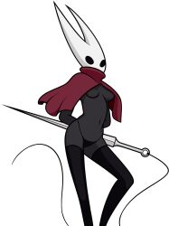 Rule 34 | 1girl, black eyes, black thighhighs, cape, female focus, highres, hollow knight, hornet (hollow knight), mask, no bra, panties, simple background, sword, thighhighs, underwear, weapon, white background, white mask