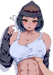 Rule 34 | 1girl, abs, arm at side, bare shoulders, beanie, black hair, blush, grabbing another&#039;s breast, breasts, brown eyes, cleavage, collarbone, dark-skinned female, dark skin, elbow gloves, embarrassed, fingerless gloves, flying sweatdrops, furrowed brow, gloves, gorilla (kemono friends), grabbing, groping, hand under clothes, hand up, hat, highres, kemono friends, looking at viewer, mamiyama, medium hair, multicolored eyes, muscular, navel, orange eyes, pov, pov hands, solo focus, stomach, tank top, toned, upper body