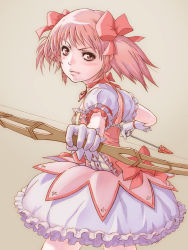 Rule 34 | 10s, 1girl, arrow (projectile), bow (weapon), bubble skirt, choker, face, gloves, jewelry, kaname madoka, lips, looking at viewer, magical girl, mahou shoujo madoka magica, mahou shoujo madoka magica (anime), pendant, pink eyes, pink hair, puffy sleeves, revision, short hair, short twintails, simple background, skirt, solo, twintails, weapon, yoshikawa kazunori