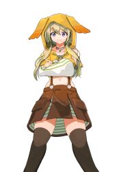 Rule 34 | 1girl, absurdres, animal hood, blonde hair, brown skirt, brown thighhighs, closed mouth, clothing cutout, commentary request, crossed arms, feet out of frame, green skirt, hair tubes, highres, hood, hood up, hoodie, ieiri popo, ieiri popo (2nd costume), looking down, medium bangs, midriff, multicolored hair, nanashi inc., navel, official alternate costume, purple eyes, shiranui enki, short hair with long locks, shoulder cutout, sidelocks, simple background, skirt, smile, solo, streaked hair, striped clothes, striped skirt, suspender skirt, suspenders, thighhighs, virtual youtuber, white background, yellow hoodie