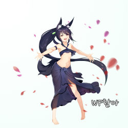 Rule 34 | 1girl, :d, absurdres, animal ears, arm strap, player character (mabinogi), barefoot, black hair, black skirt, blue background, breasts, dopamine70, feet, floating hair, fox ears, fox tail, full body, hair between eyes, highres, long hair, long skirt, mabinogi, midriff, navel, open mouth, orange eyes, outstretched arms, petals, see-through, simple background, skirt, small breasts, smile, solo, standing, stomach, tail, tied skirt, underboob, very long hair