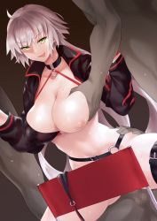 Rule 34 | 1girl, 3boys, ahoge, bikini, black bikini, black gloves, black jacket, grabbing another&#039;s breast, breasts, censored, choker, collarbone, convenient censoring, cowgirl position, cropped jacket, double handjob, fate/grand order, fate (series), girl on top, gloves, grabbing, grey hair, handjob, hetero, jacket, jeanne d&#039;arc alter (fate), jeanne d&#039;arc alter (swimsuit berserker) (fate), large breasts, long hair, long sleeves, looking at viewer, midori aoi, mosaic censoring, multiple boys, navel, nipples, o-ring, o-ring bikini, one breast out, out-of-frame censoring, sex, shrug (clothing), smile, solo focus, straddling, swimsuit, testicles, thigh strap, thighs, tongue, tongue out, vaginal, very long hair, yellow eyes