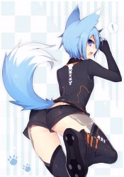 Rule 34 | !, 1girl, animal ears, ass, bad id, bad twitter id, black shirt, black shorts, blue eyes, blue hair, blush, boots, checkered background, commentary request, footprints, fox ears, fox tail, from behind, hair over face, highres, io (pso2), kemonomimi mode, looking back, matching hair/eyes, muryotaro, outline, paw print, phantasy star, phantasy star online 2, profile, round teeth, shirt, shoes, short hair, short shorts, shorts, sideways mouth, solo, spoken exclamation mark, striped, striped background, sweatdrop, tail, teeth, thigh boots, thighhighs, vertical stripes