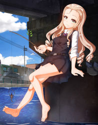 Rule 34 | 1girl, animal, barefoot, bc freedom school uniform, blonde hair, blush, breasts, closed mouth, crayfish, fishing, full body, girls und panzer, green eyes, highres, long hair, looking at viewer, marie (girls und panzer), megadeko, miniskirt, outdoors, pleated skirt, school uniform, shiny skin, sitting, skirt, small breasts, smile, soles, solo, water, wet