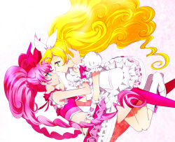 Rule 34 | 2girls, blonde hair, blue hair, boots, choker, crop top, cure melody, cure rhythm, detached sleeves, dress, earrings, eye contact, floating hair, from side, green eyes, hair ribbon, hairband, heart, houjou hibiki, jewelry, kagami chihiro, layered skirt, long hair, looking at another, magical girl, minamino kanade, miniskirt, multiple girls, pink hair, precure, red legwear, red ribbon, ribbon, ribbon choker, short sleeves, simple background, skirt, sleeveless, smile, suite precure, thighhighs, twintails, very long hair, white background, white dress, white footwear, white hairband, white ribbon, yuri